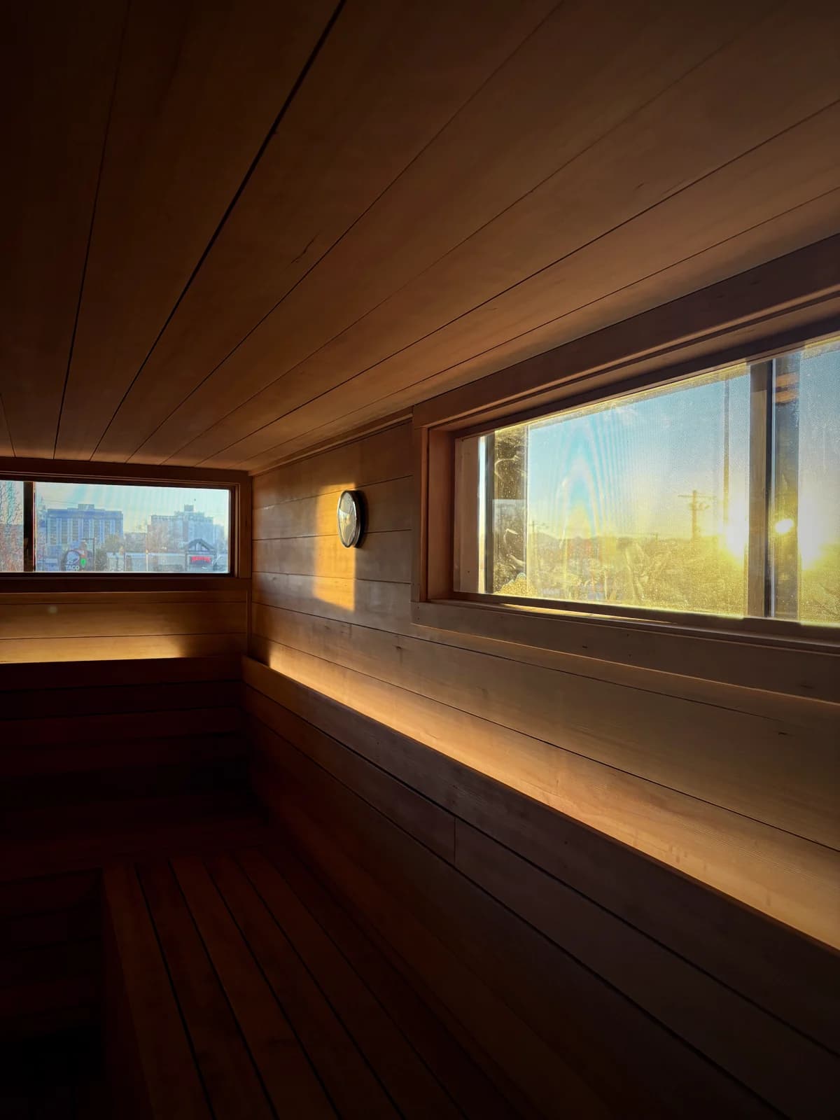 Golden light inside the traditional hot-stone sauna at Rejuuv-n in Reno